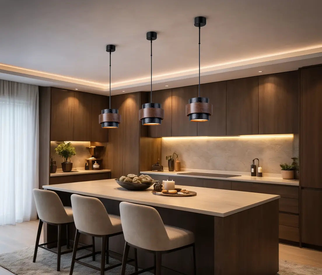 Saturnia tiered travertine and dark wood pendant light – shown in a kitchen (2)
