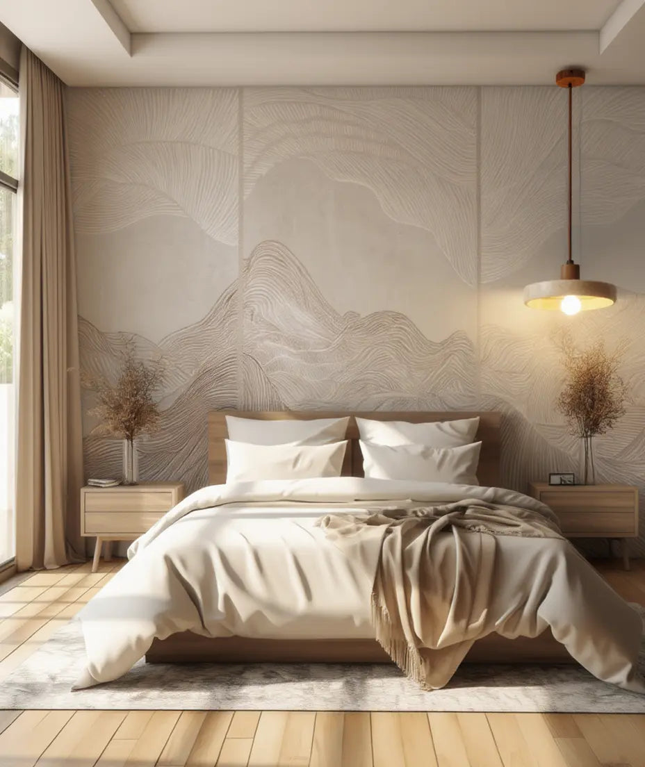 Sole travertine and walnut saucer pendant light – shown in a bedroom (2)