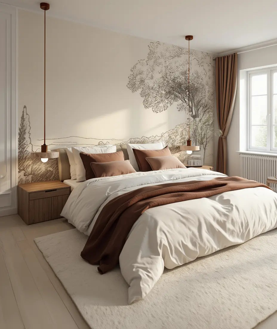 Sole travertine and walnut saucer pendant light – shown in a bedroom