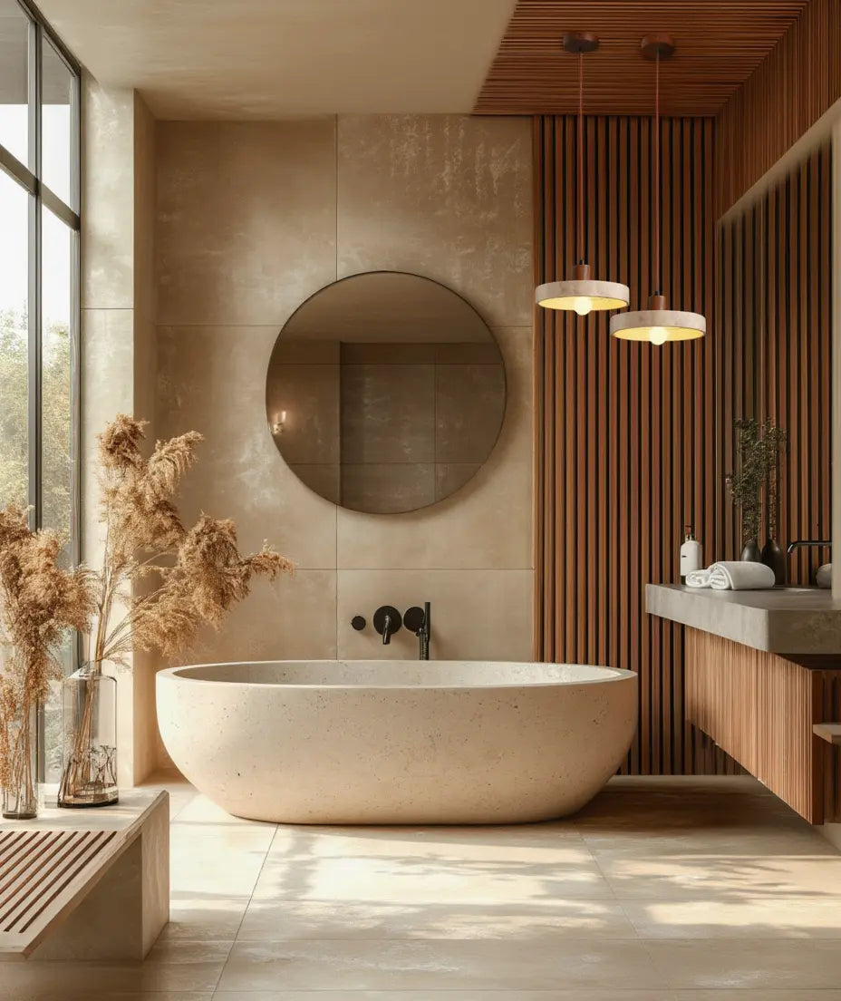 Sole travertine and walnut saucer pendant light – shown in a bathroom