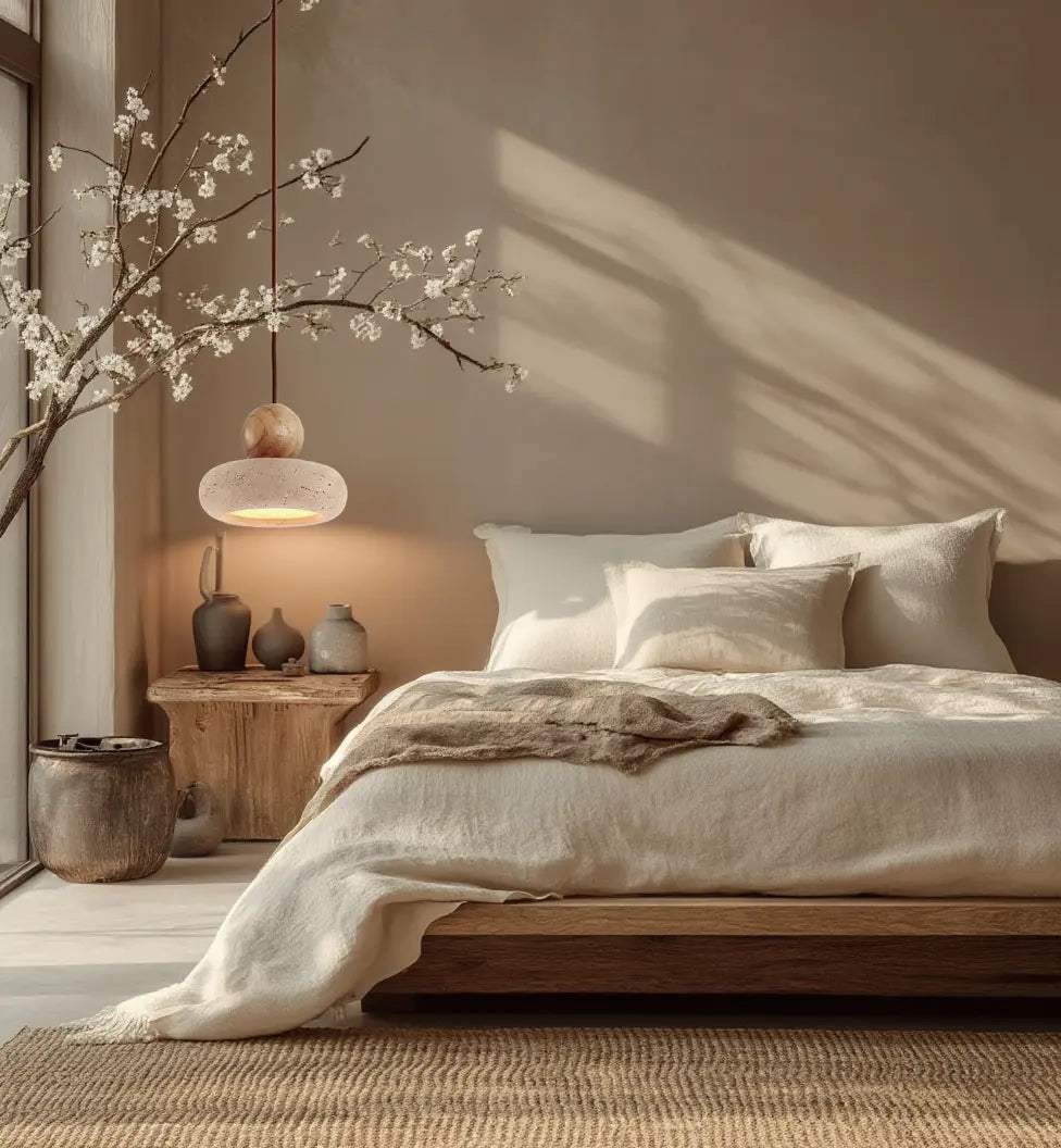 Lipari travertine and light wood ball pendant light – shown in a bedroom