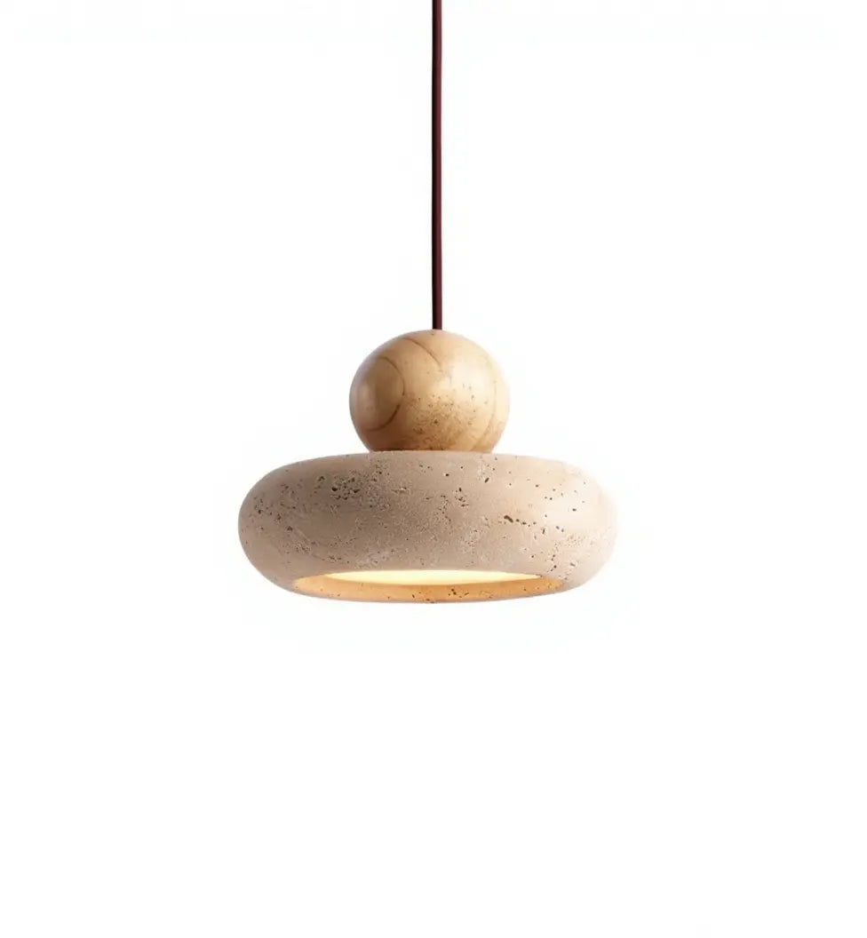 Lipari travertine and light wood ball pendant light – another view