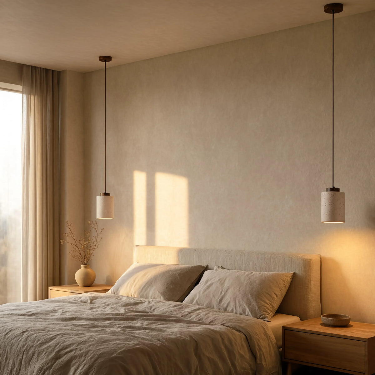 Paestum travertine cylinder pendant light with dark wood cap – shown in a bedroom