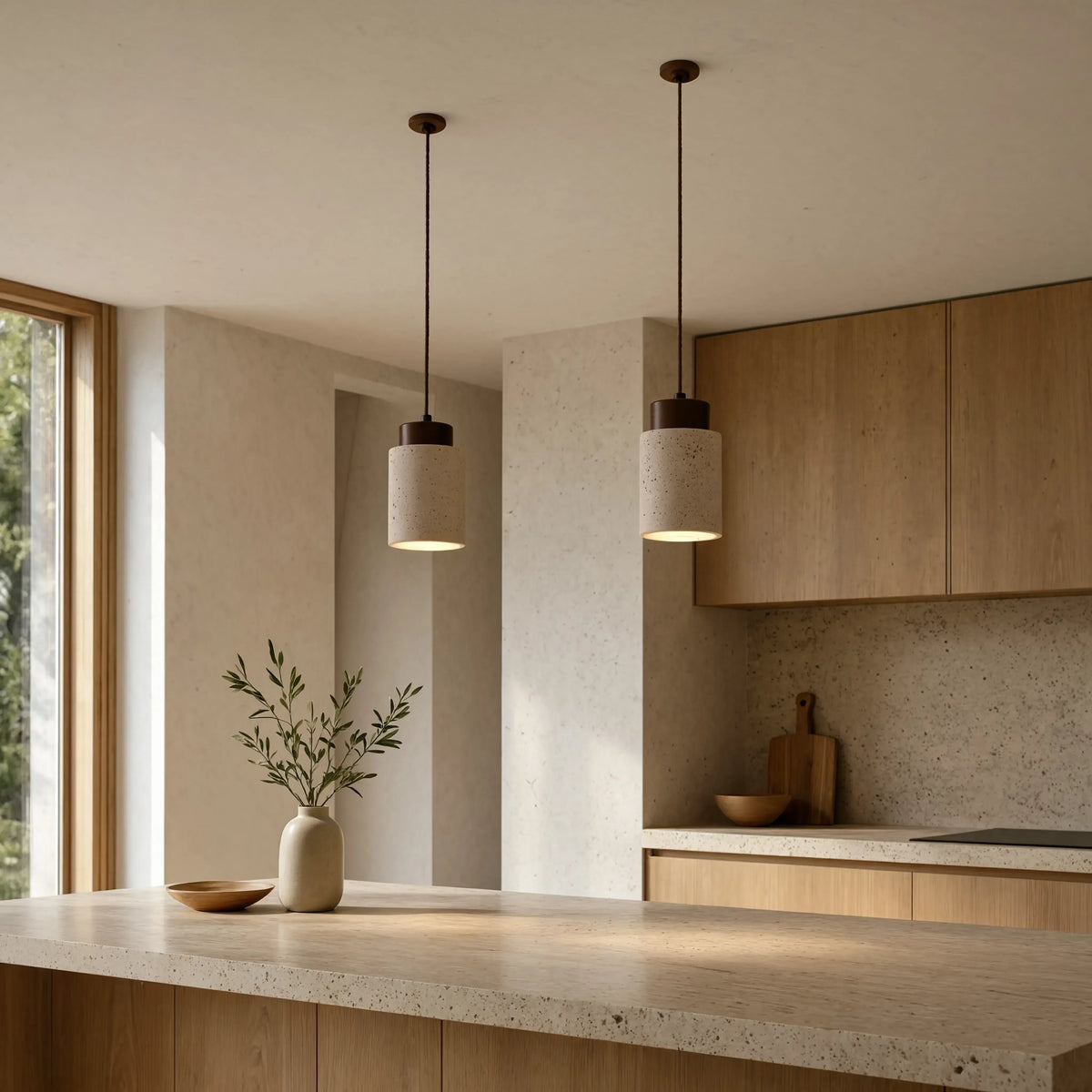 Paestum travertine cylinder pendant light with dark wood cap – shown in a kitchen (2)