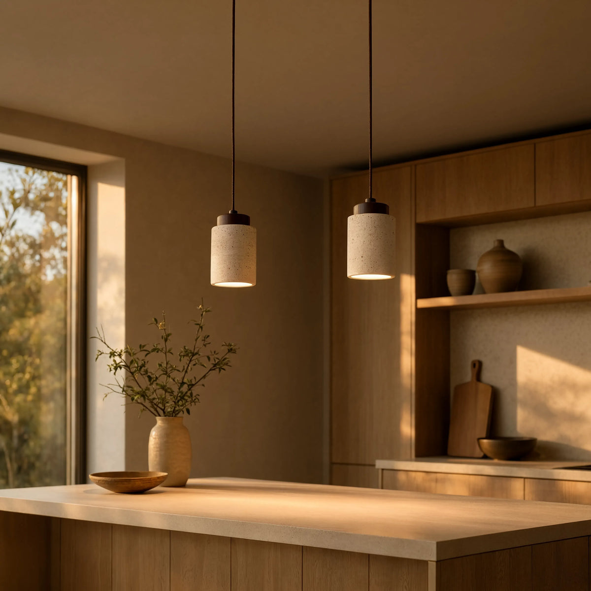 Paestum travertine cylinder pendant light with dark wood cap – shown in a kitchen