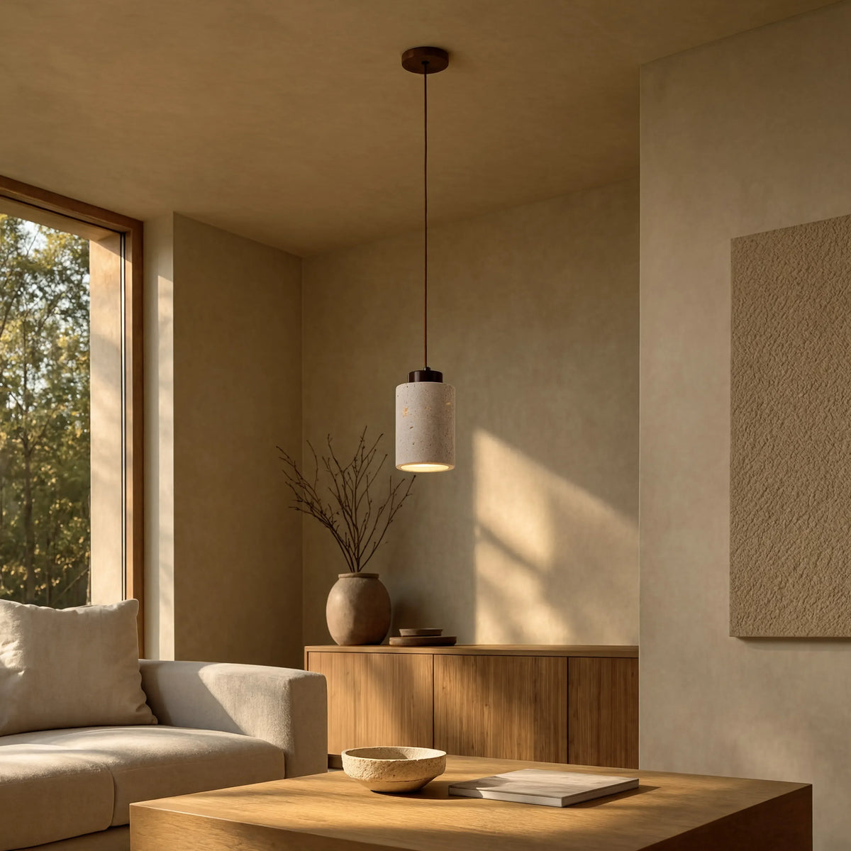 Paestum travertine cylinder pendant light with dark wood cap – shown in a living room