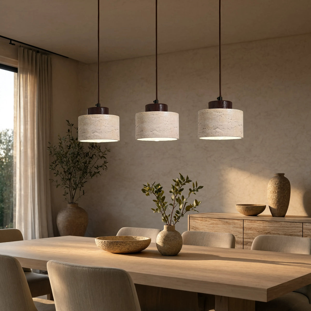 Velia travertine drum pendant light with dark wood cap – shown in a dining room