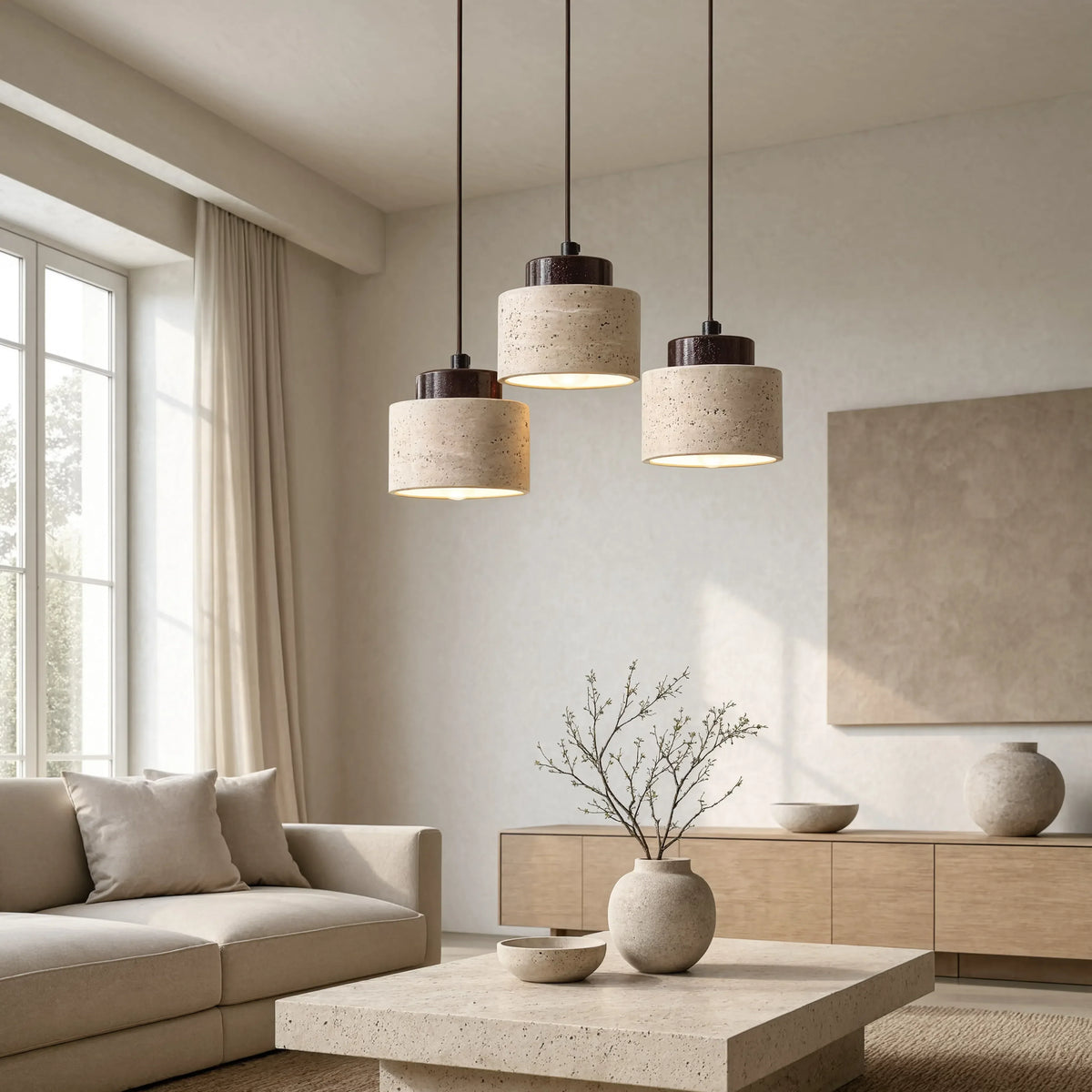Velia travertine drum pendant light with dark wood cap – shown in a living room