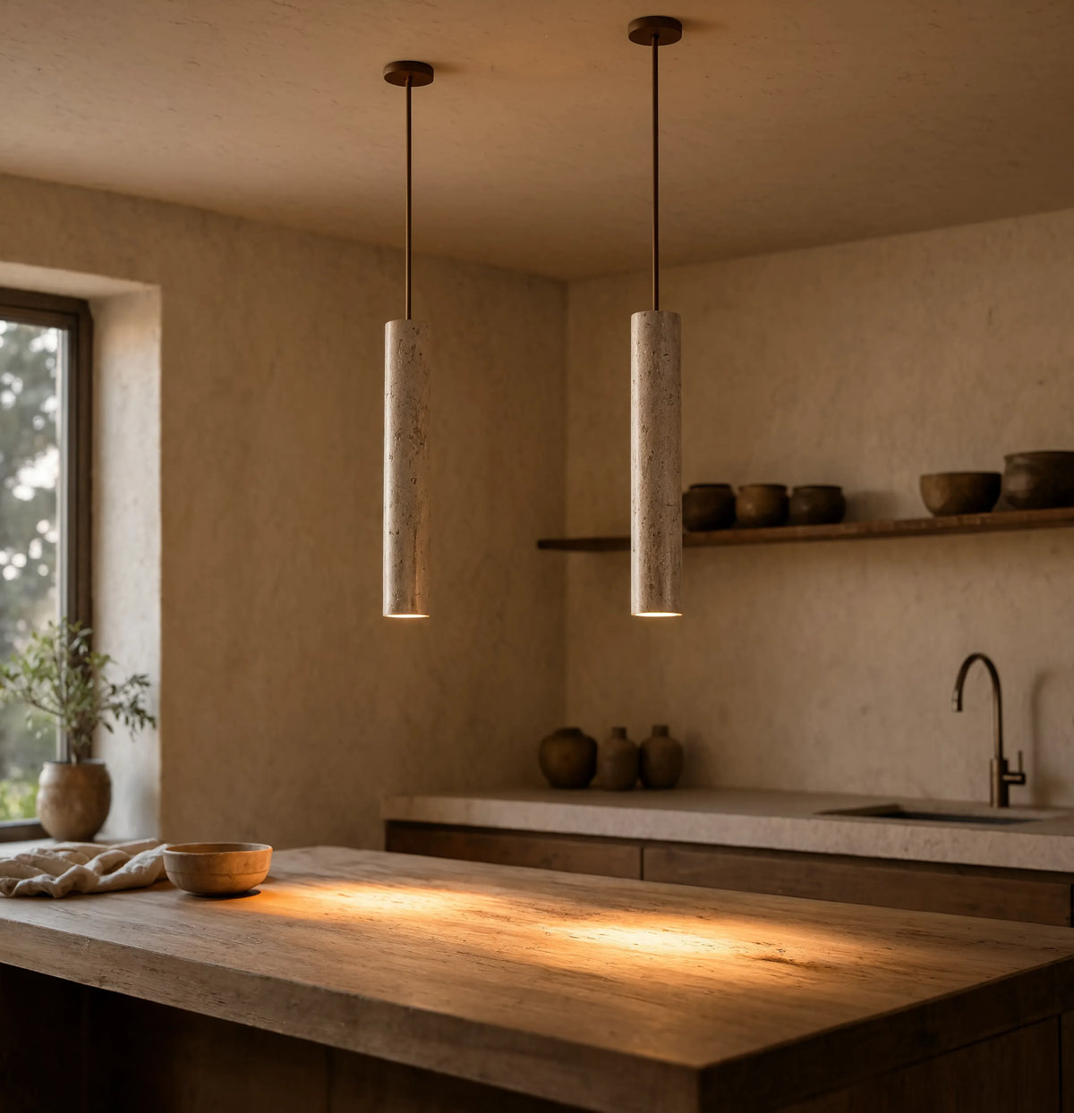 Cumes long travertine tube pendant light – shown in a kitchen