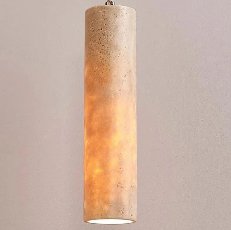 Camarina slim travertine tube pendant light – shown lit (2)