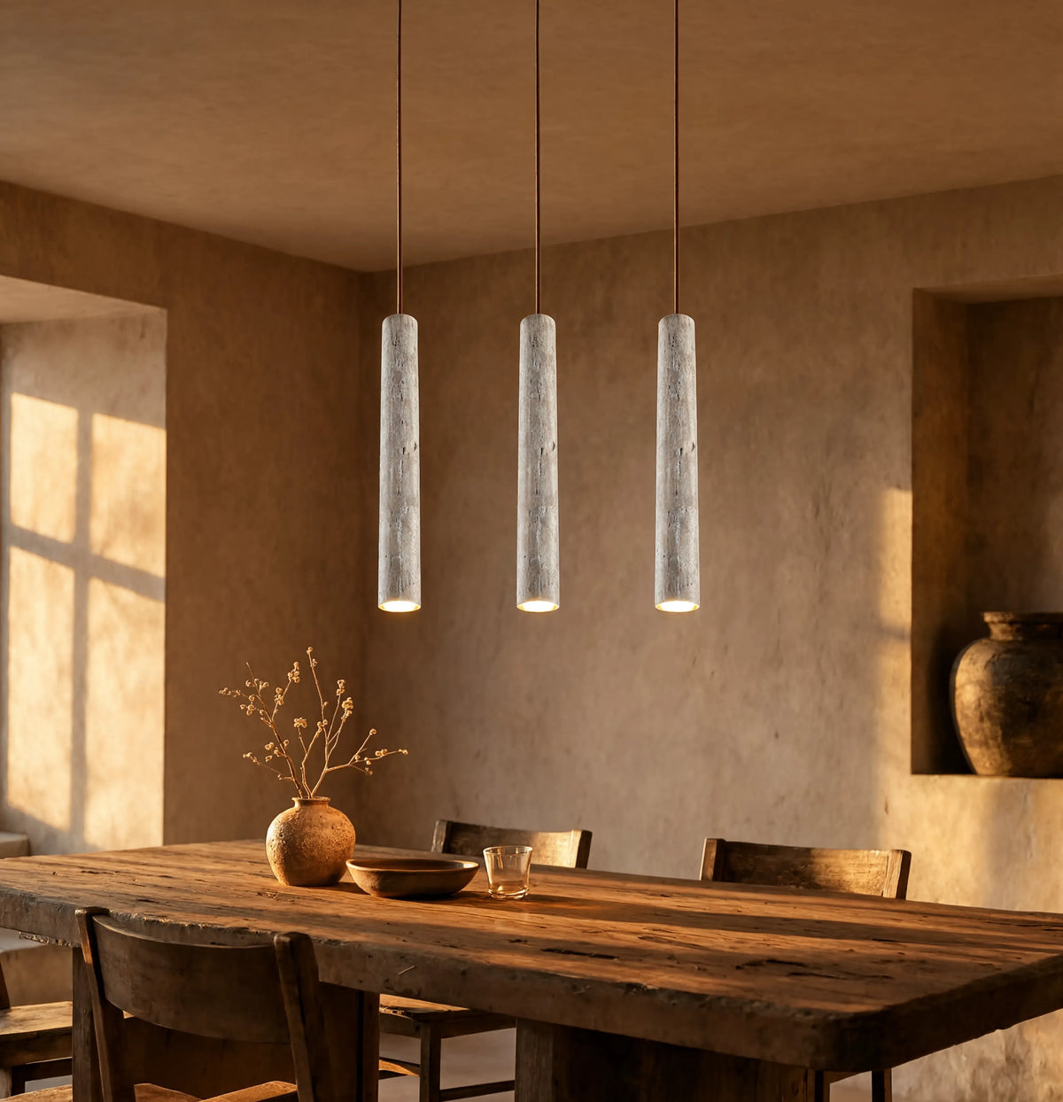 Cumes long travertine tube pendant light – shown in a dining room