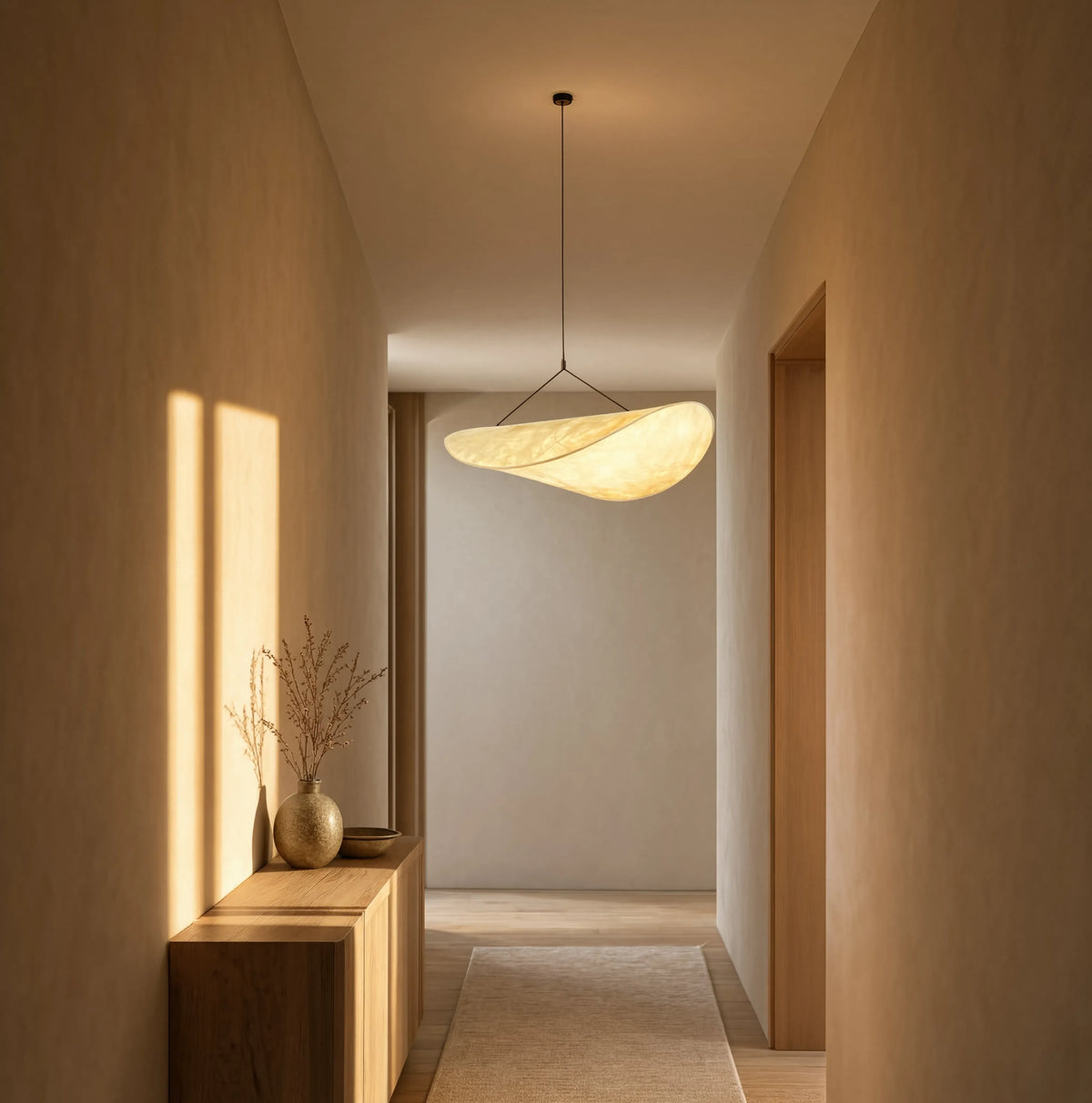 Cythère ecru fabric sail pendant light – shown in an entryway