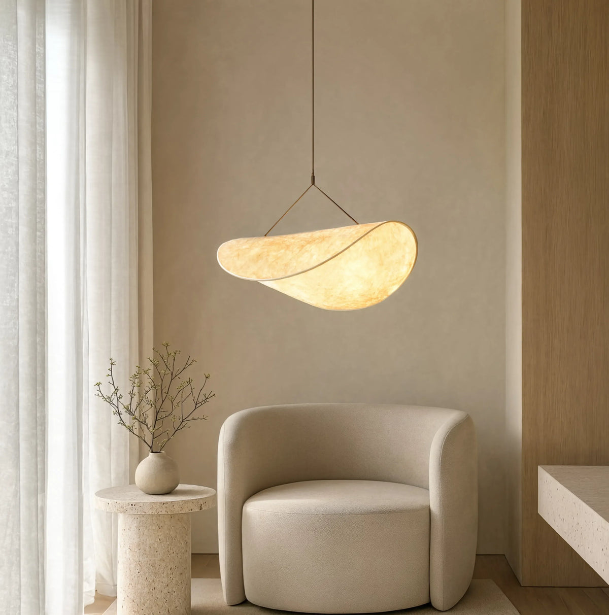 Cythère ecru fabric sail pendant light – shown in a room setting (2)