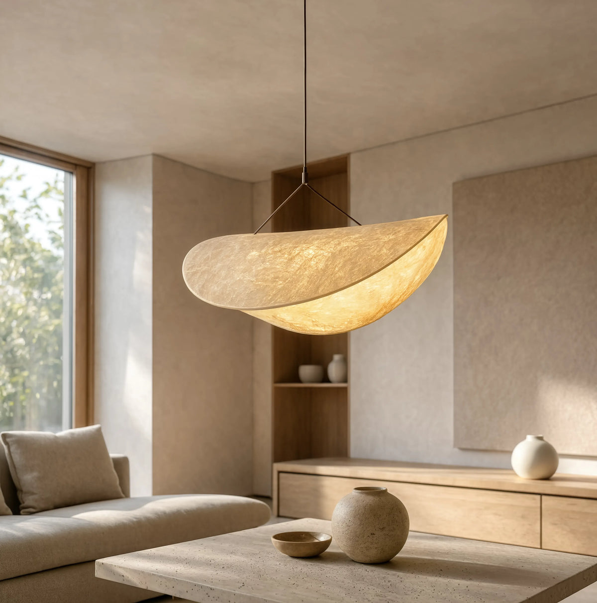 Cythère ecru fabric sail pendant light – shown in a living room