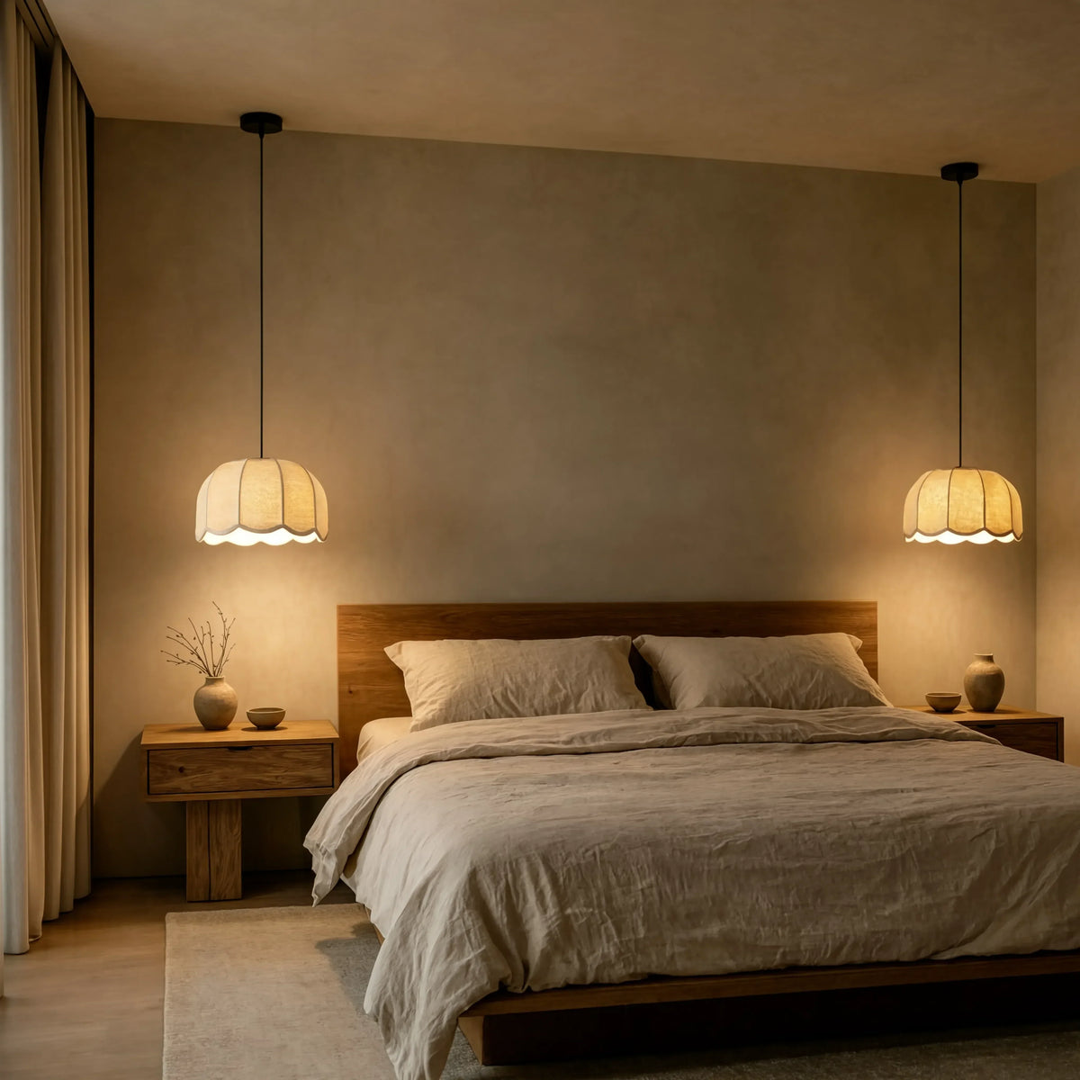 Ischia scalloped ecru fabric pendant light – shown in a bedroom