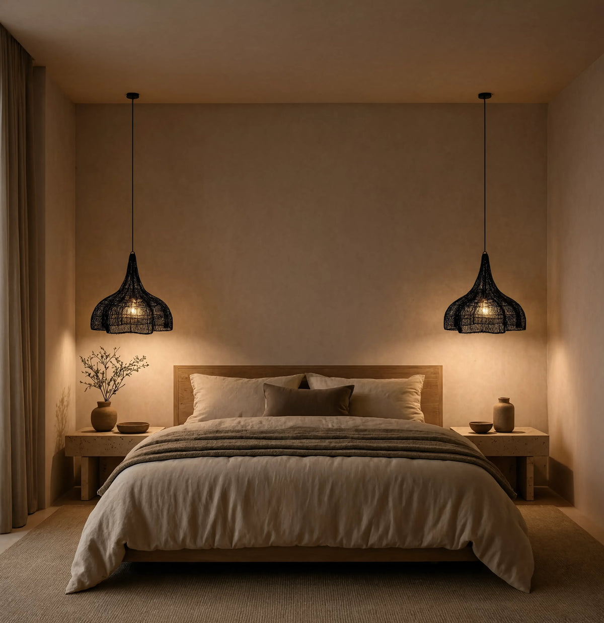Taormine handwoven scalloped rattan pendant light – shown in a bedroom (2)