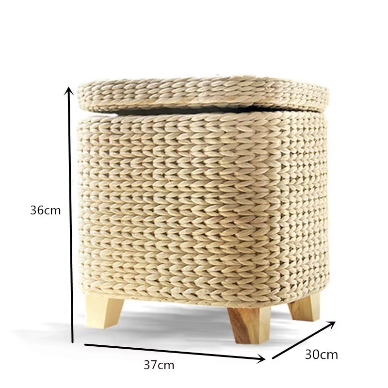 Minimalist honey-toned wicker stool with a storage lid – dimensions diagram