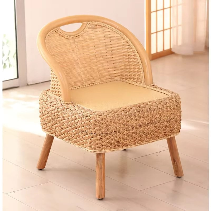 Modern wicker stool with a curved hand-braided backrest – beige variant, another view
