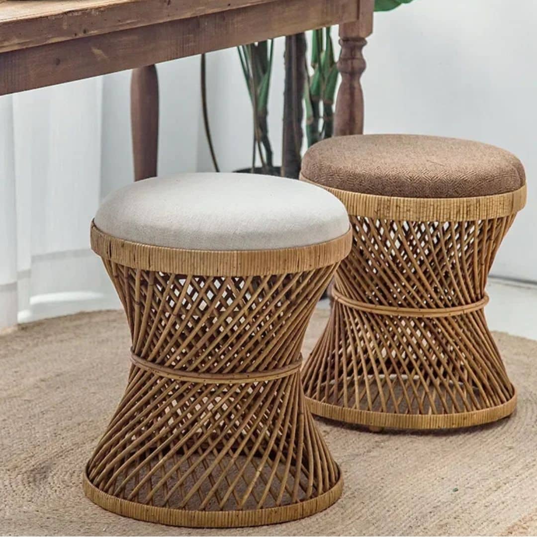 Japanese-style hourglass wicker stool with a cinched waist – shown in a room setting