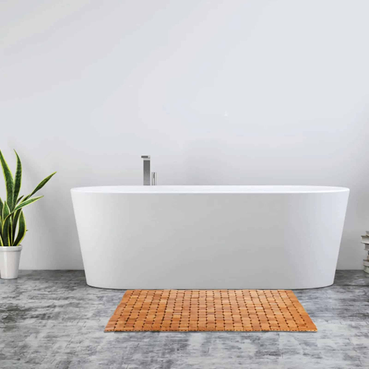 Foldable indoor-outdoor bamboo slat rug – shown in a room setting