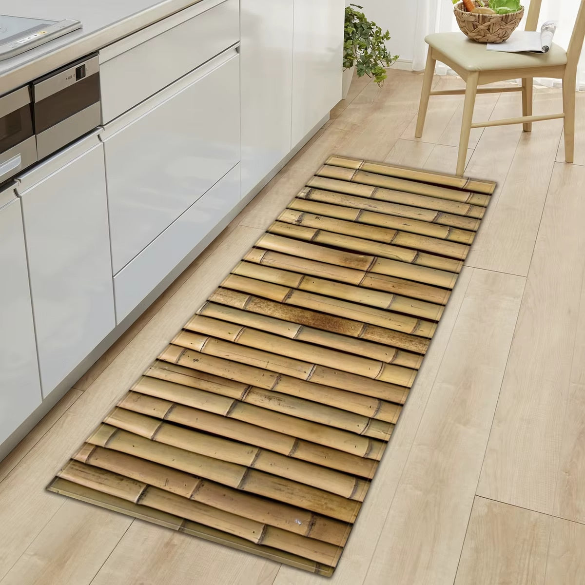 Bamboo-look printed polyester rug with a botanical motif – shown in a room setting