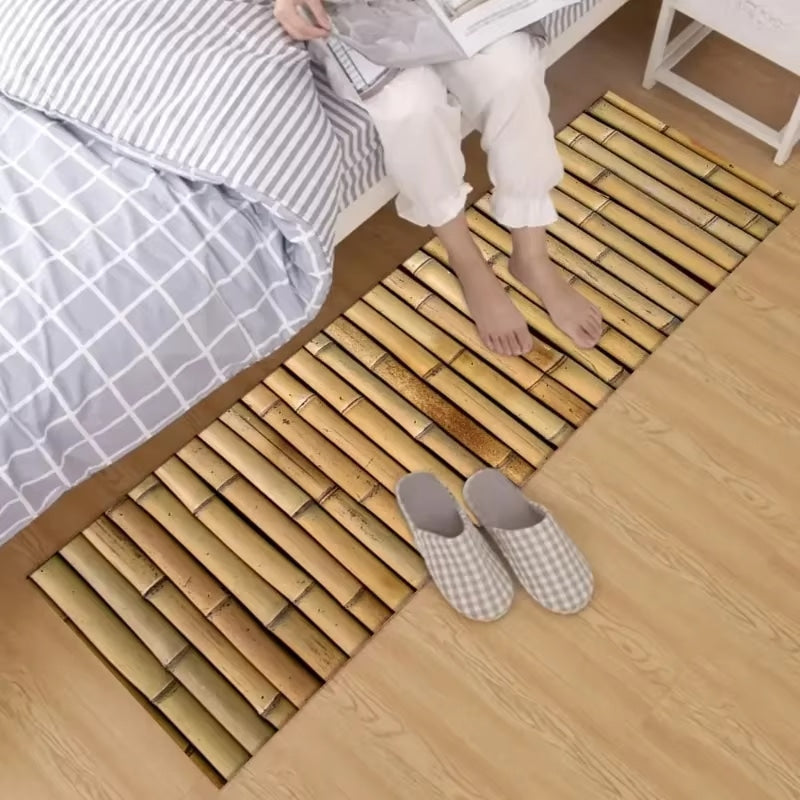 Bamboo-look printed polyester rug with a botanical motif – shown in use