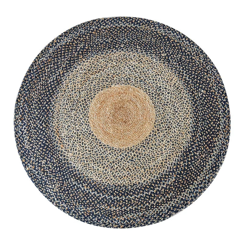 Round bamboo fiber rug with three concentric circles in black, gray and beige