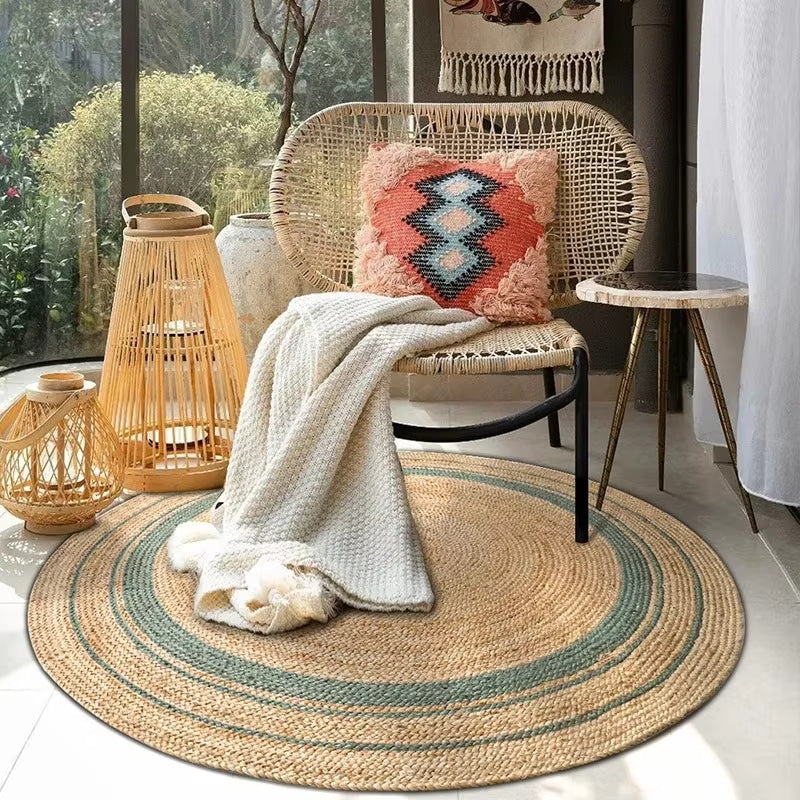 Traditional round handmade woven rug with circular motifs – shown in a room setting