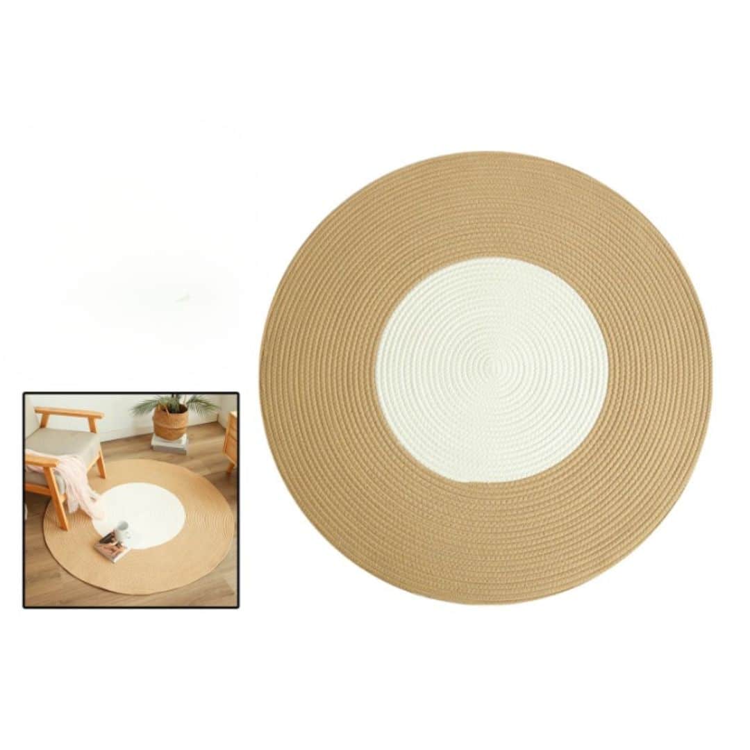 Small round Japanese-style golden wicker rug – multiple views