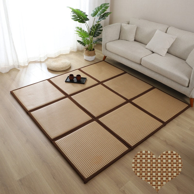 Thick folding Japanese-style rattan mat – beige variant, shown in a room setting