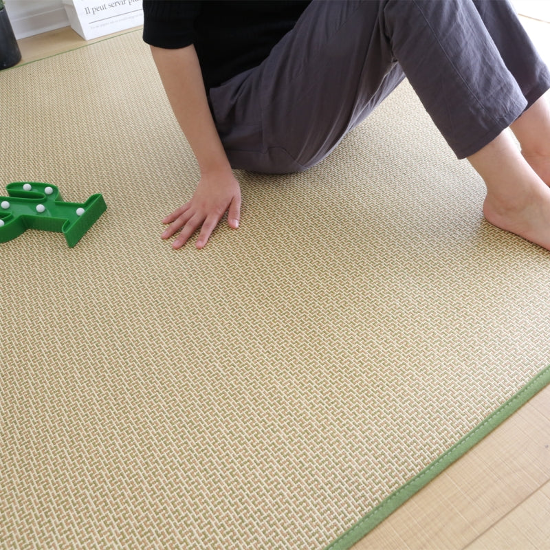 Rectangular synthetic rattan rug with a green border – shown in use