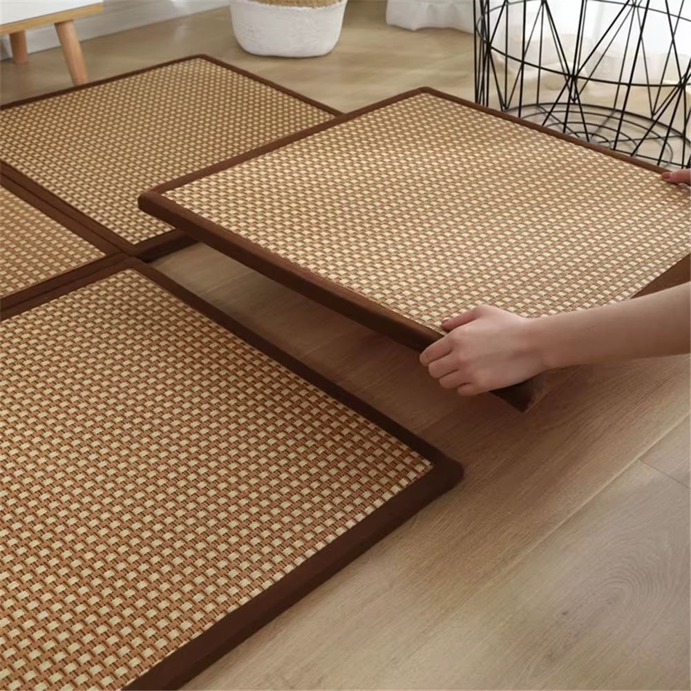 Square Japanese-style rattan mat in beige to warm brown tones – shown in a room setting