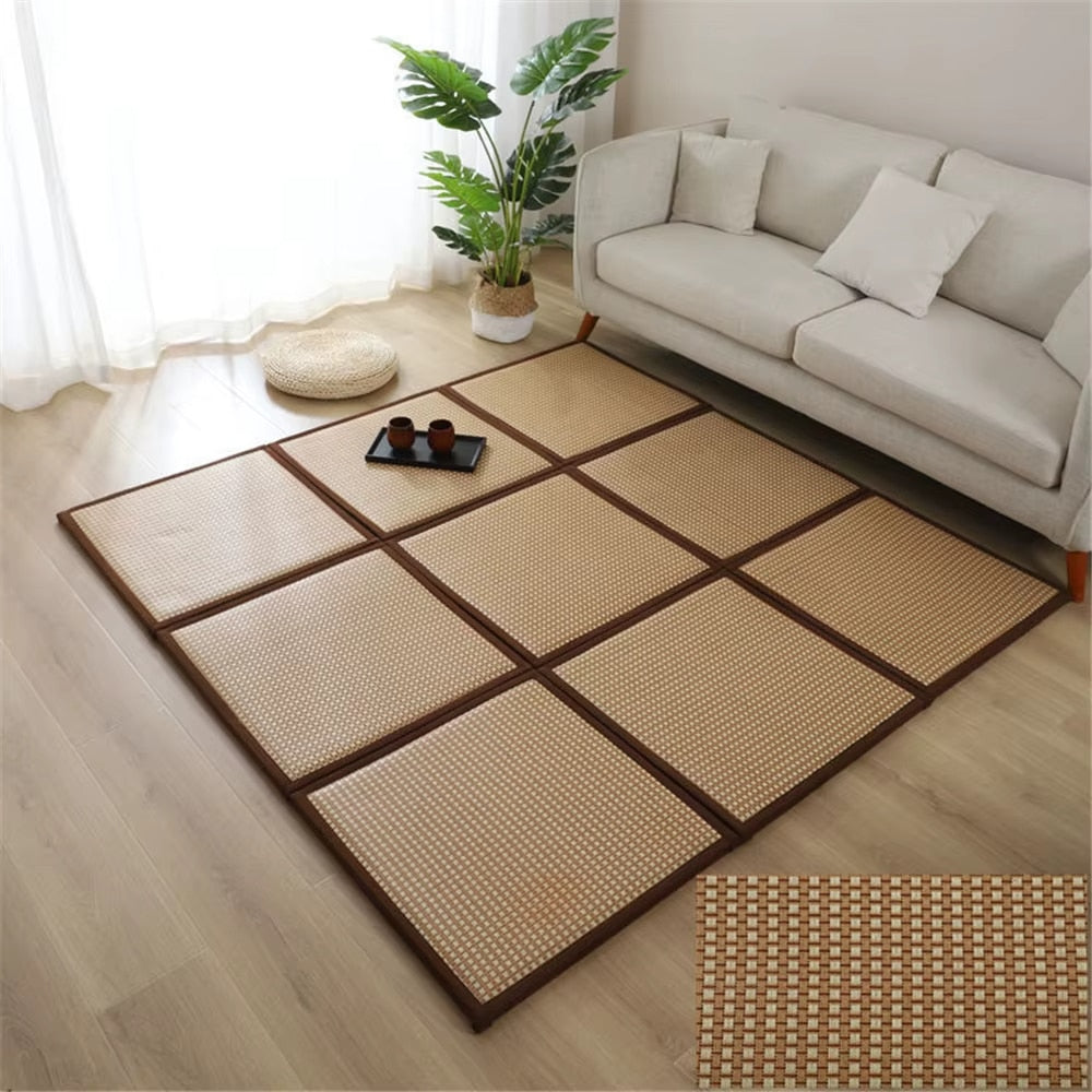 Square Japanese-style rattan mat in beige to warm brown tones – shown in a room setting (2)