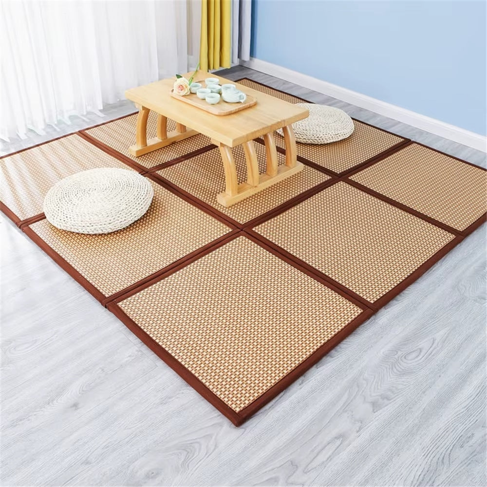 Square Japanese-style rattan mat in beige to warm brown tones – shown in a room setting (3)
