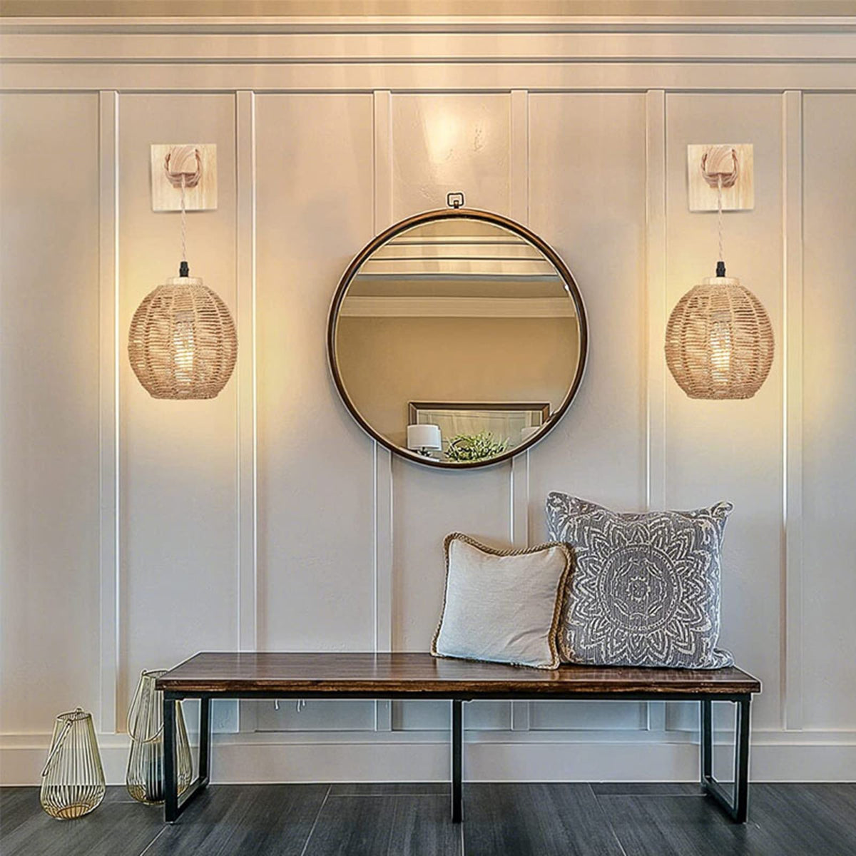 Hanging handwoven rattan ball wall light – shown in a room setting (2)