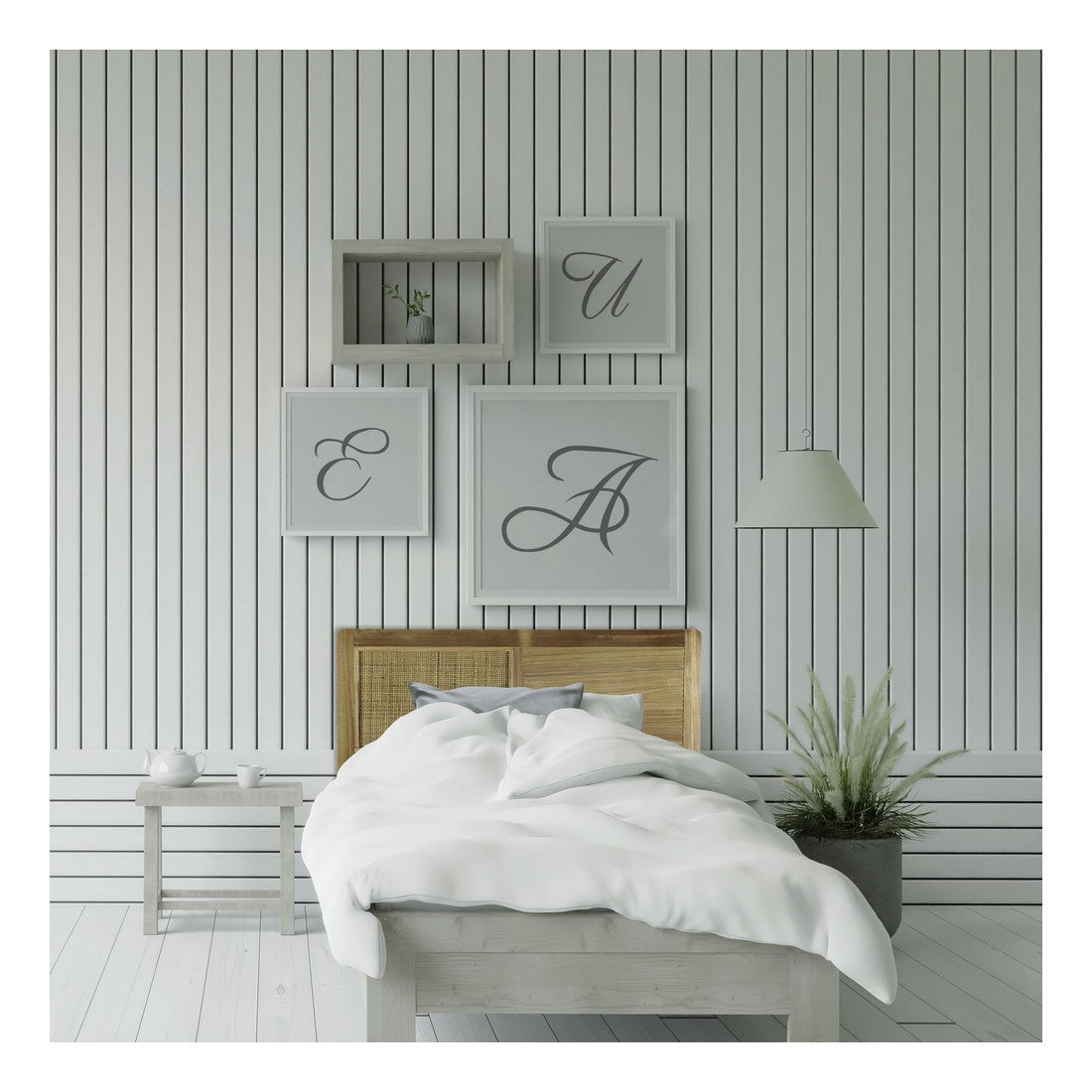 Wood and rattan headboard handwoven on a solid wood frame – shown in a room setting