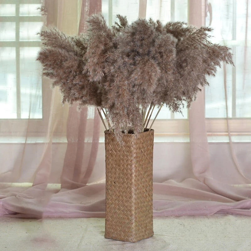 Rectangular handwoven golden bamboo vase – shown in a room setting