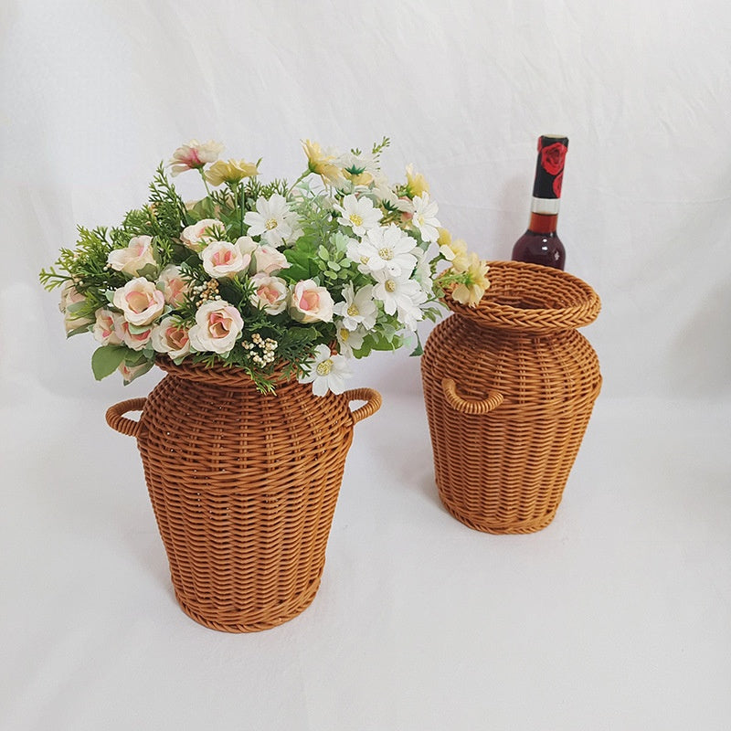 Modern woven rattan art vase with a slender form – multiple views