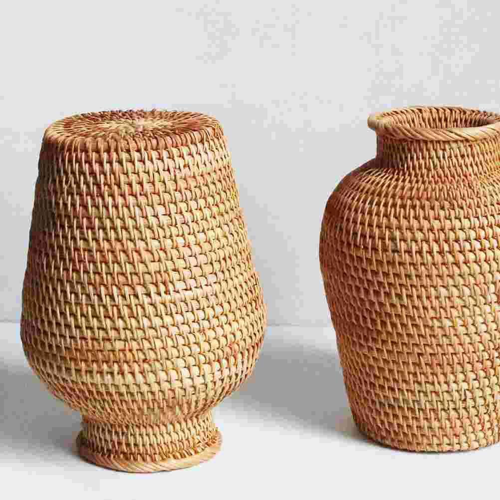 Rounded woven raw rattan dried flower vase – multiple views (2)