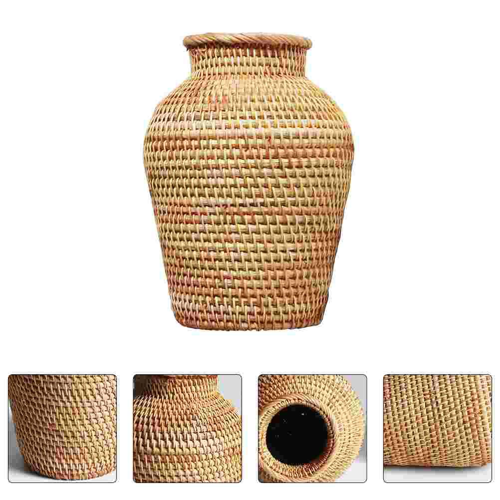 Rounded woven raw rattan dried flower vase – multiple views (3)