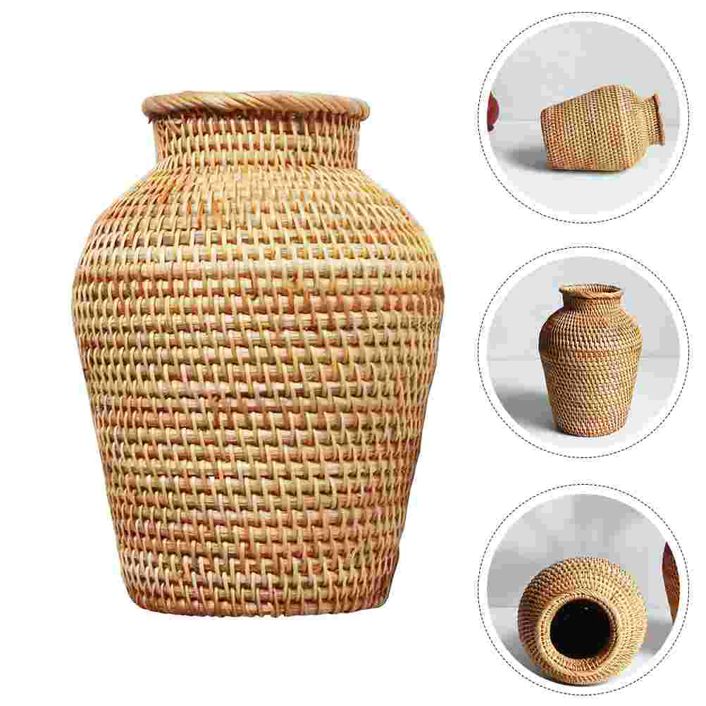 Rounded woven raw rattan dried flower vase – multiple views