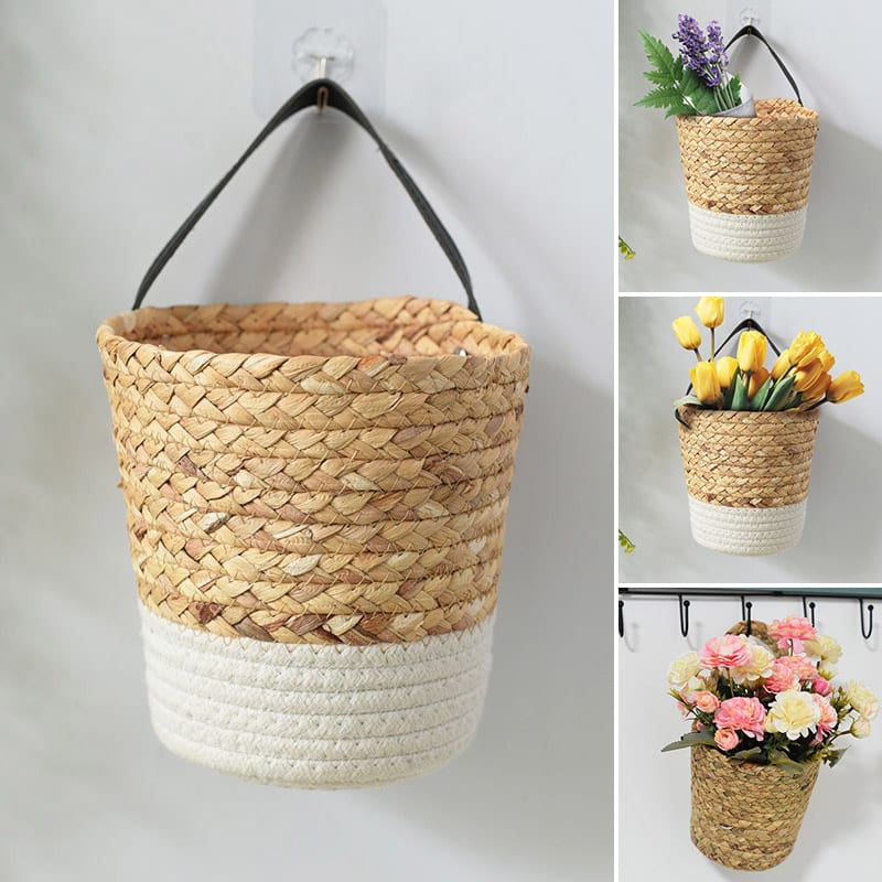White hand-braided hanging rattan vase – multiple views
