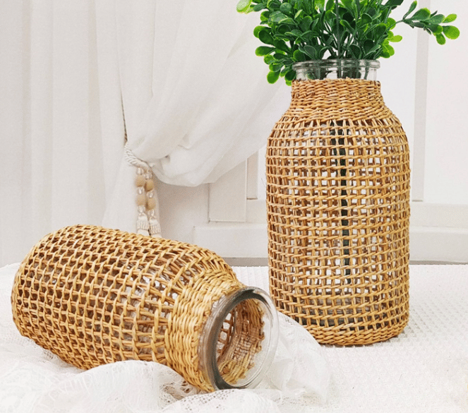 Slender hand-braided rattan vase with a clear glass liner – multiple views