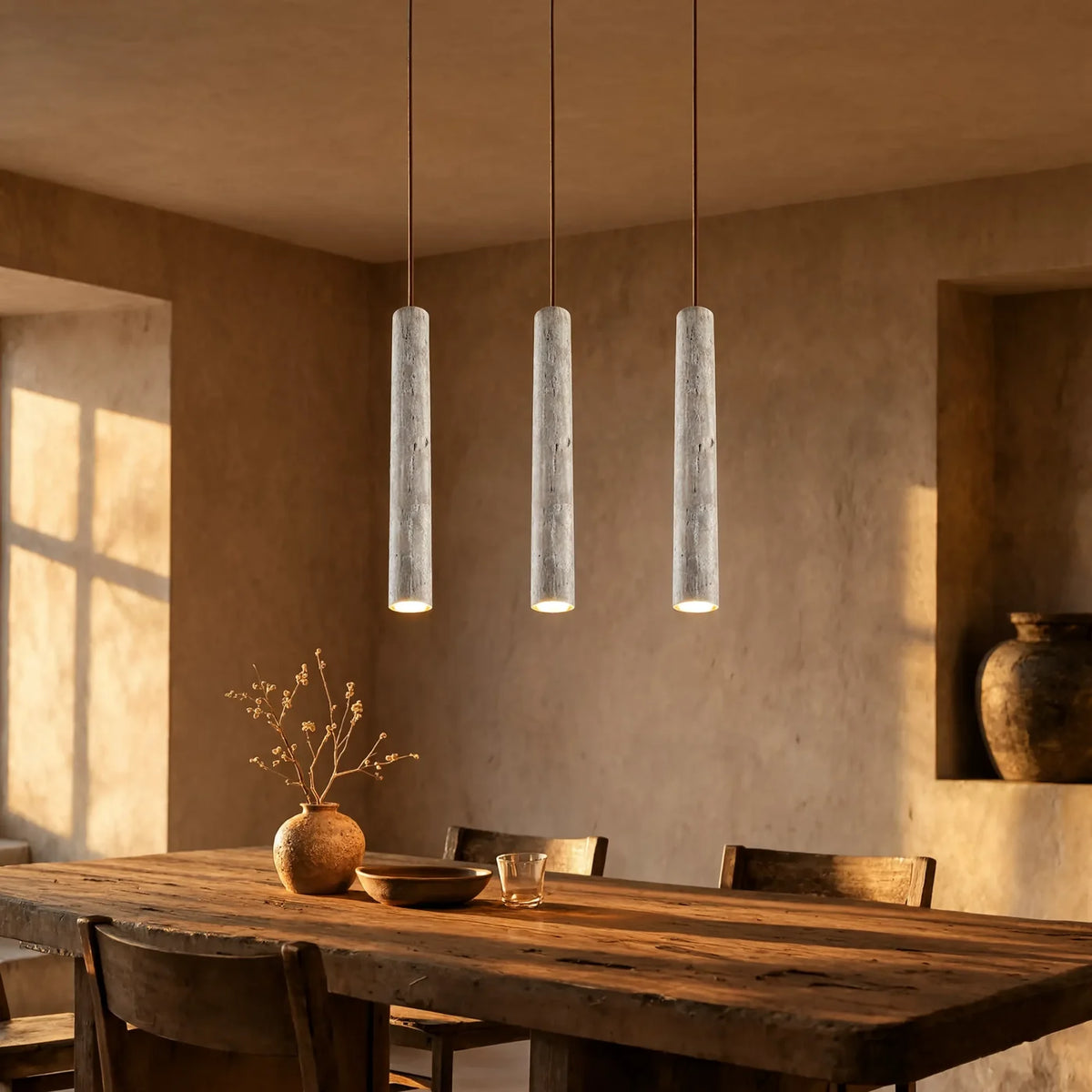 Three slim travertine tube pendants above a dining table at golden hour