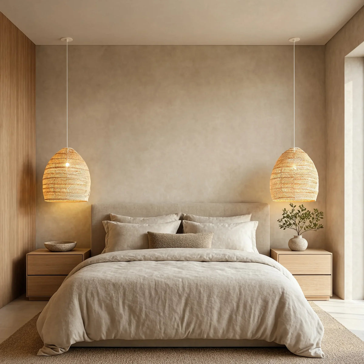 Bedroom with two woven rattan bell pendants hung beside the bed