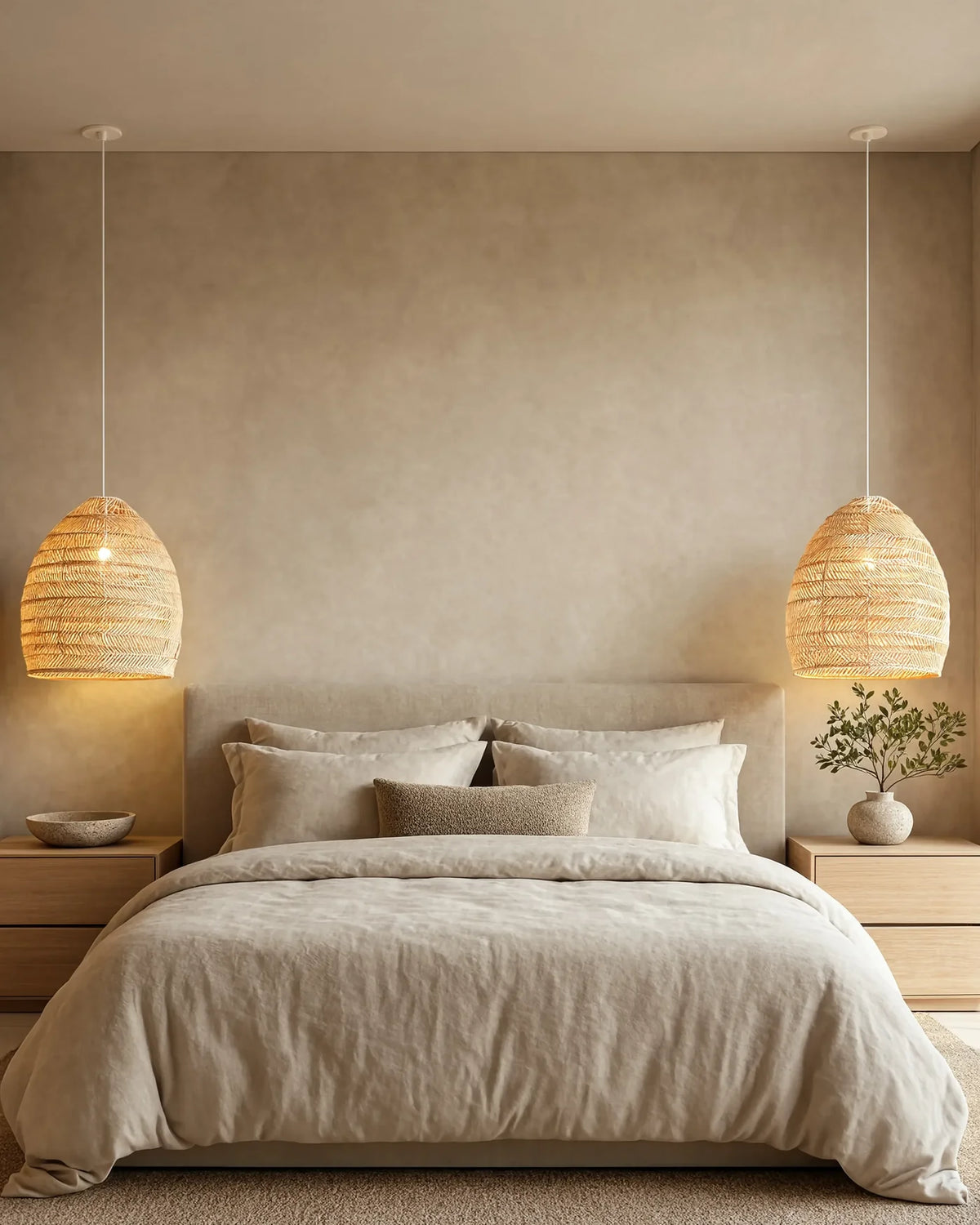 Bedroom with two woven rattan bell pendants hung beside the bed