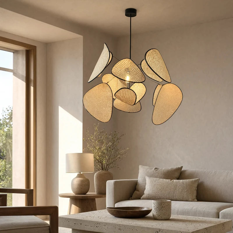 Ravello rattan cane petal chandelier with black steel-edged petals – shown in a living room