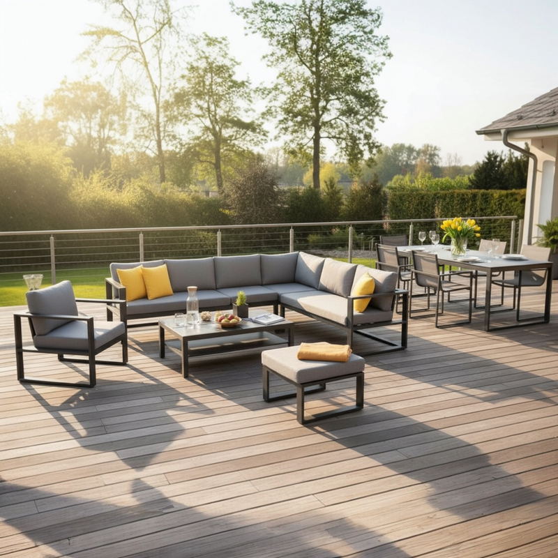 Belly Cool black aluminum outdoor sectional with lift-top coffee table – shown outdoors