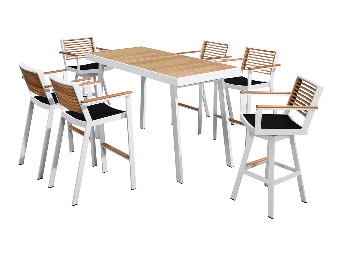 York white aluminum and teak bar set with swivel chairs
