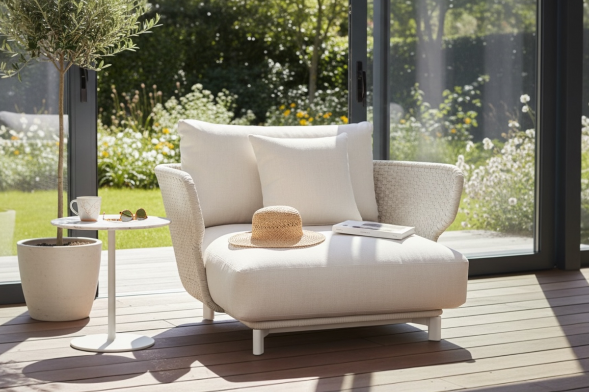 Charly aluminum and rope outdoor club chair – shown outdoors